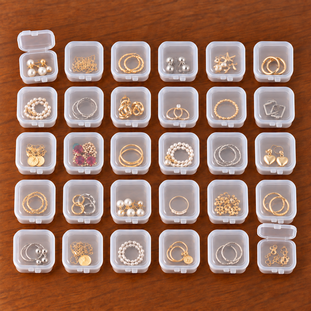 Dertig transparante mini-opbergdoosjes met sieraden, netjes gerangschikt in vijf rijen op een houten tafel.
